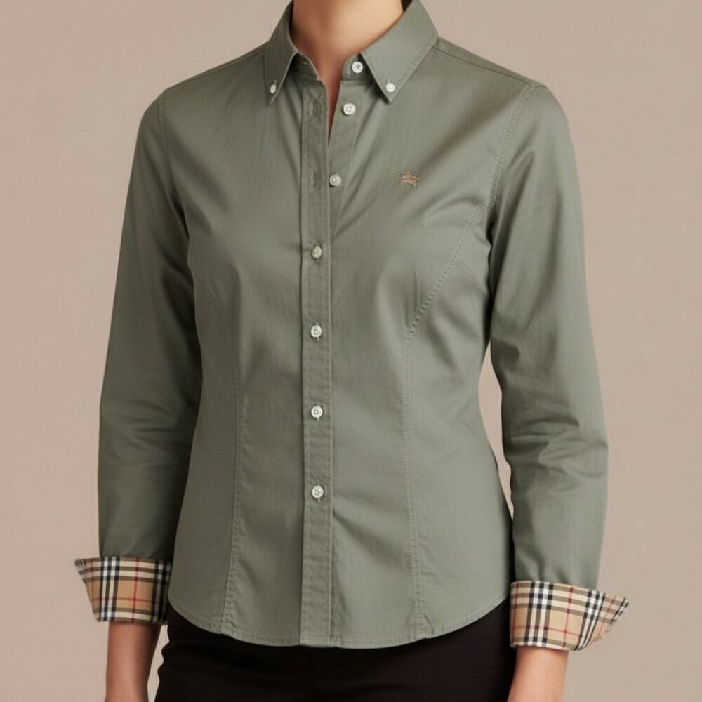 Burberry Army Green Button Down Shirt with Nova Check Trim